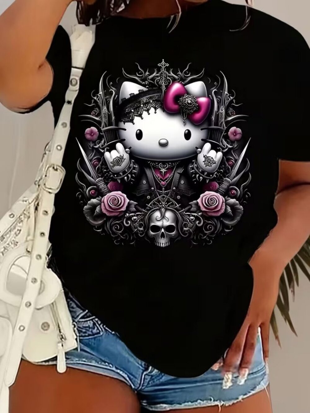 Hello Kitty Gothic Style Graphic Women's Streetwear T-Shirt *Men's Size: L